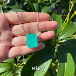 Glowing Neon Greenish Colombian Emerald Rectangle Drop Necklace Pendant Chain 925 Sterling Silver Art Deco Filigree Handmade Large Beautiful