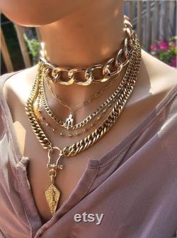 Gold Layered Multi Strand Chunky Chain Gothic Choker Collar Necklace Set -Handmade Alt Edgy statement aesthetic stacked jewelry gift for her