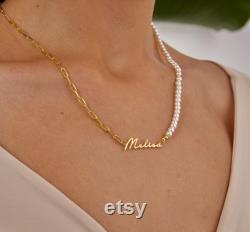 Gold Name Necklace, Double Sided Chain, Pearl and Paperclip Chain Jewelry, Personalized Name Necklace, Trend Jewelry, Christmas Gift For Her