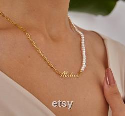 Gold Name Necklace, Double Sided Chain, Pearl and Paperclip Chain Jewelry, Personalized Name Necklace, Trend Jewelry, Christmas Gift For Her