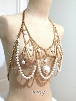 Gold Tone White Pearl Beads, Shoulder Necklace, Handmade Chains Shirt, Metal Body Jewelry, Unisex Shoulder Jewelry, Fashion Body Chains