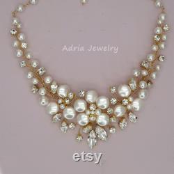 Gold Wedding Necklace Crystal Bridal Necklace Bib Necklace Crystals Rhinestones Ivory Pearls Statement Jewelry for Brides