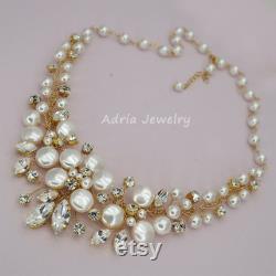 Gold Wedding Necklace Crystal Bridal Necklace Bib Necklace Crystals Rhinestones Ivory Pearls Statement Jewelry for Brides
