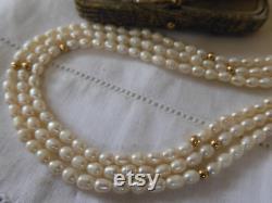 Gorgeous Vintage 1980s Triple Strand Genuine Pearl Necklace with 14ct Gold Clasp