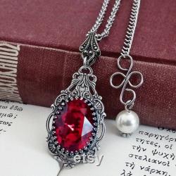 Gothic Necklace, Red Crystal Necklace, Vintage Style Necklace, Goth Necklace, Aged Silver Renaissance Victorian Bridal Necklace