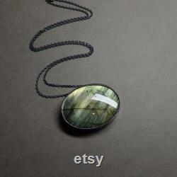Green and Yellow Labradorite Necklace, Big oval Labradorite stone, Silver Handcrafted Pendant, Special gift for her, Naheyiyi