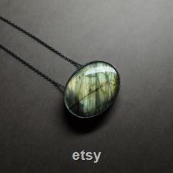 Green and Yellow Labradorite Necklace, Big oval Labradorite stone, Silver Handcrafted Pendant, Special gift for her, Naheyiyi