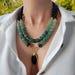 Green aventurine black onyx necklace with pendant Chunky statement gemstone necklace Handmade jewelry Large cylinder bead layered necklace