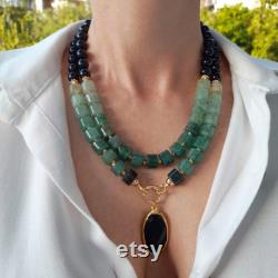 Green aventurine black onyx necklace with pendant Chunky statement gemstone necklace Handmade jewelry Large cylinder bead layered necklace