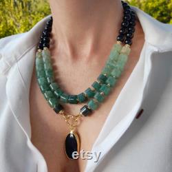 Green aventurine black onyx necklace with pendant Chunky statement gemstone necklace Handmade jewelry Large cylinder bead layered necklace