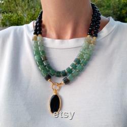 Green aventurine black onyx necklace with pendant Chunky statement gemstone necklace Handmade jewelry Large cylinder bead layered necklace