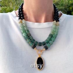 Green aventurine black onyx necklace with pendant Chunky statement gemstone necklace Handmade jewelry Large cylinder bead layered necklace