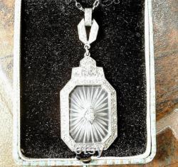HOLD -Install Pmt, ANTIQUE Camphor Glass Pendant Necklace, Art Deco Silver Paste Rhinestone Bridal, Edwardian 1910s Flapper Vintage Wedding