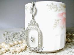 HOLD -Install Pmt, ANTIQUE Camphor Glass Pendant Necklace, Art Deco Silver Paste Rhinestone Bridal, Edwardian 1910s Flapper Vintage Wedding