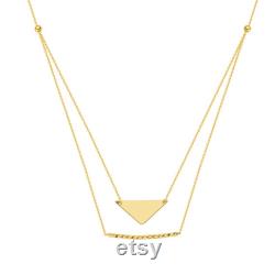Hammered Bar Necklace Geometric Triangle Necklace Adjustable Double Layer Necklace Women 14K Solid Yellow Gold