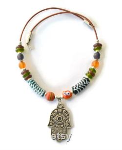 Hamsa large necklace silver for women, Fatima hand pendant, Spanish jewelry, boho jewelry, chunky pendant necklace, colorful necklace beaded