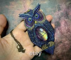 Hand tooled leather iridescent fantasy owl pendant with amazing rainbow labradorite Exotic jewelry Leather gift for her