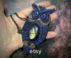 Hand tooled leather iridescent fantasy owl pendant with amazing rainbow labradorite Exotic jewelry Leather gift for her