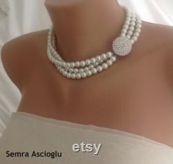 Handmade 3 Strands Ivory Pearl Necklace, Bride to Be Choker