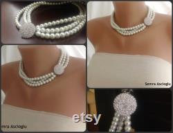 Handmade 3 Strands Ivory Pearl Necklace, Bride to Be Choker