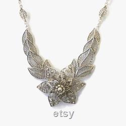 Handmade Silver Necklace, 925 Sterling Silver Artisan Crafted DGS Ornate Filigree Flower Statement Necklace Women Jewelry Gift Boxed for Her