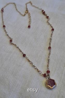 Handmade gold fill and sterling necklace with rubies and freshwater pearls