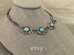 Handmade silver filigree necklace, Montana blue Czech glass, adjustable handmade chain