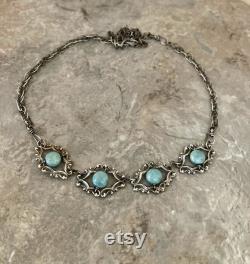 Handmade silver filigree necklace, Montana blue Czech glass, adjustable handmade chain