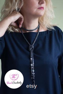 Hematite Bead necklace, Beaded Layered Lariat Necklace Choker Gift For Her, Crochet Lariat Rope, Bohemian jewelry for her, crystal lariat
