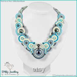 Hematite Ocean handmade blue and grey wedding soutache necklace with gemstones, soutache jewellery with Swarovski, free shipping