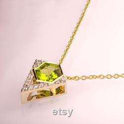 Hexagon Pendant, Art Deco Pendant, Peridot Pendant, Two Tone necklace, diamond pendant, gift, diamond pendant, August Birthstone