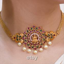 High Quality Antique Gold Plated Pink Green Ruby Stones Lakshmi Design Pearls Dropping Bridal Choker Necklace Set Indian Traditional Jewelry