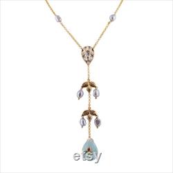 High Quality Gold Plated Kundan and Blue Jade Drops And Gray Fresh Water Pearls Dropping Leaf Designer Long Necklace Bollywood Indian Jewelry