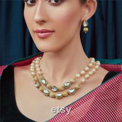 High Quality Gold Plated Kundan and Shell Pearls Studded Green Enamel Paint Tear Drop Designer 2 Layered Necklace Set Indian Bollywood Jewelry