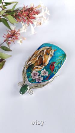 Horse with Cardinal Bird and Hibiscus Flower, Jade Stone, and Silver Leaves Handcrafted Wearable Art Cloisonné Enamel Necklace