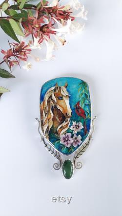 Horse with Cardinal Bird and Hibiscus Flower, Jade Stone, and Silver Leaves Handcrafted Wearable Art Cloisonné Enamel Necklace