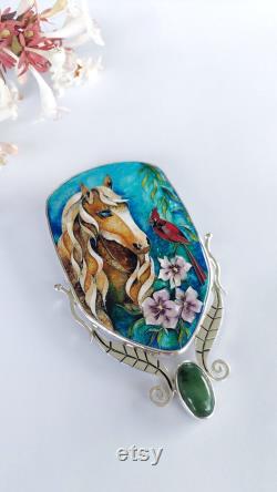 Horse with Cardinal Bird and Hibiscus Flower, Jade Stone, and Silver Leaves Handcrafted Wearable Art Cloisonné Enamel Necklace