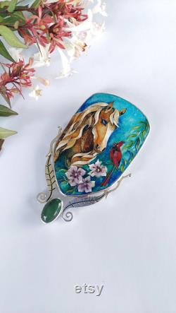 Horse with Cardinal Bird and Hibiscus Flower, Jade Stone, and Silver Leaves Handcrafted Wearable Art Cloisonné Enamel Necklace