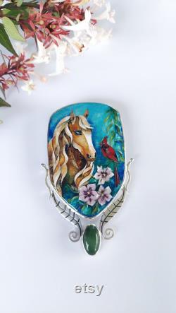 Horse with Cardinal Bird and Hibiscus Flower, Jade Stone, and Silver Leaves Handcrafted Wearable Art Cloisonné Enamel Necklace