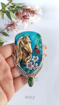 Horse with Cardinal Bird and Hibiscus Flower, Jade Stone, and Silver Leaves Handcrafted Wearable Art Cloisonné Enamel Necklace