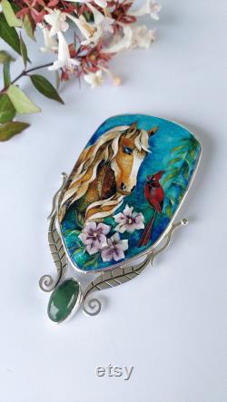 Horse with Cardinal Bird and Hibiscus Flower, Jade Stone, and Silver Leaves Handcrafted Wearable Art Cloisonné Enamel Necklace