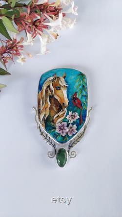 Horse with Cardinal Bird and Hibiscus Flower, Jade Stone, and Silver Leaves Handcrafted Wearable Art Cloisonné Enamel Necklace