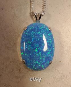 Huge Blue Opal Necklace, See Flash On Video 18x25mm Lab Created Opal, Choice Of Bail, 925 Sterling Pendant, 20 Sterling Chain