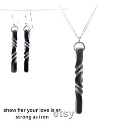 Iron jewelry set for her, forged iron pendant and earrings set, traditional 6th anniversary gift for wife, blacksmith made