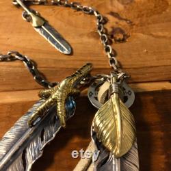 Japan Takahashi Goro Silver Feather Leather Necklace Big Feathers 66x14mm Small Feather 6x40mm Retro Sterling 925 Silver Hip Hop style 65cm