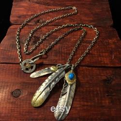 Japan Takahashi Goros Feather Bird Necklace Set Big Feathers 66x14mm Blue Turquoise 5 7mm Retro Sterling 925 Silver Hip Hop style Necklace