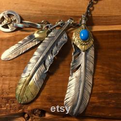 Japan Takahashi Goros Feather Bird Necklace Set Big Feathers 66x14mm Blue Turquoise 5 7mm Retro Sterling 925 Silver Hip Hop style Necklace