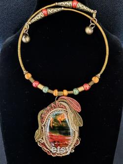 Jewelry art, vintage style necklace, stone necklace, jasper pendant, multicolored necklace, copper wire wrapping, floral style, exquisite