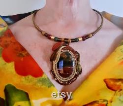 Jewelry art, vintage style necklace, stone necklace, jasper pendant, multicolored necklace, copper wire wrapping, floral style, exquisite