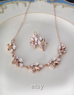 Jewelry set, pale champagne, white opal, crystal necklace, necklace earring set, bridal, bridesmaid gift, linked, delicate